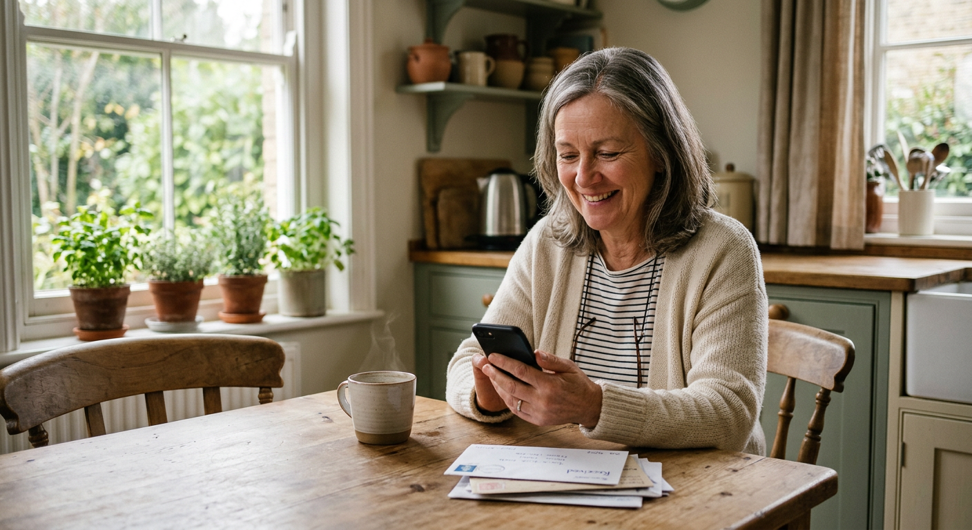 A woman at her kitchen table smiling at her phone, with mail set beside her cup of tea