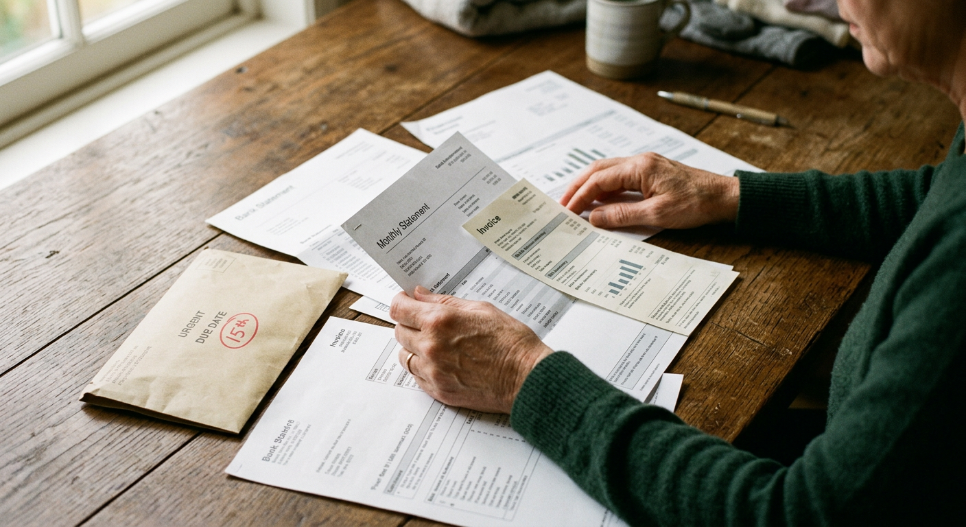 A pair of hands reviewing bills and a bank statement on a wooden table